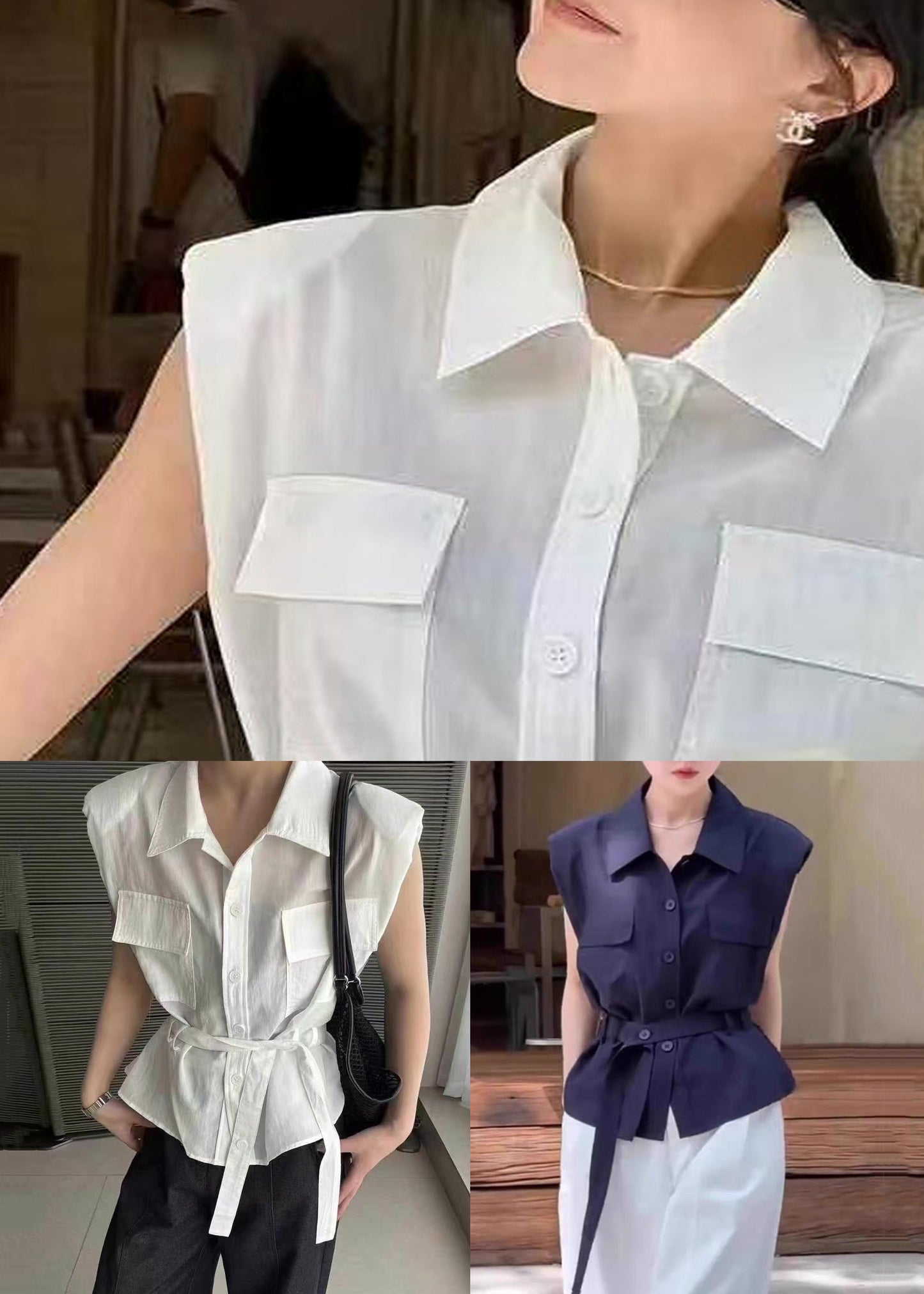 Cotton Navy Pan Button Sleeveless Collar Shirt Peter Women