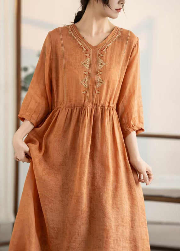 Patchwork Embroidered Women Dresses Summer Linen Orange