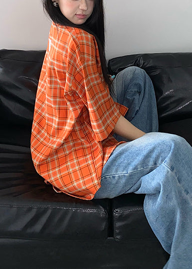 Oversized Women Summer Top Cotton Orange Plaid