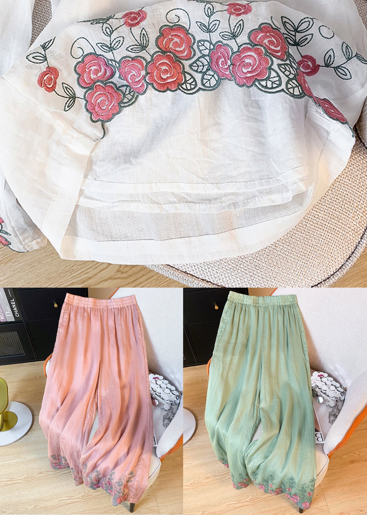 Summer Leg Embroidered Linen Waist Women Wide Pink Pants Elastic