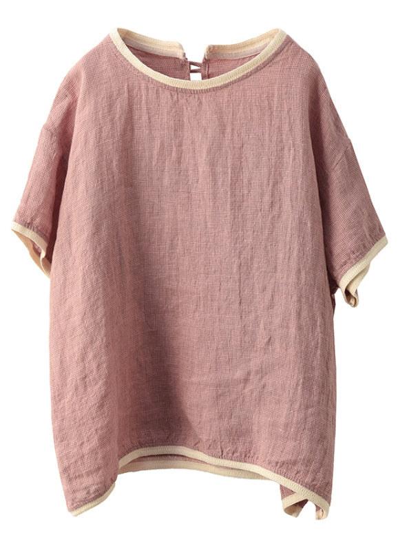 Shirts Pink O Neck T Women Patchwork Linen Summer