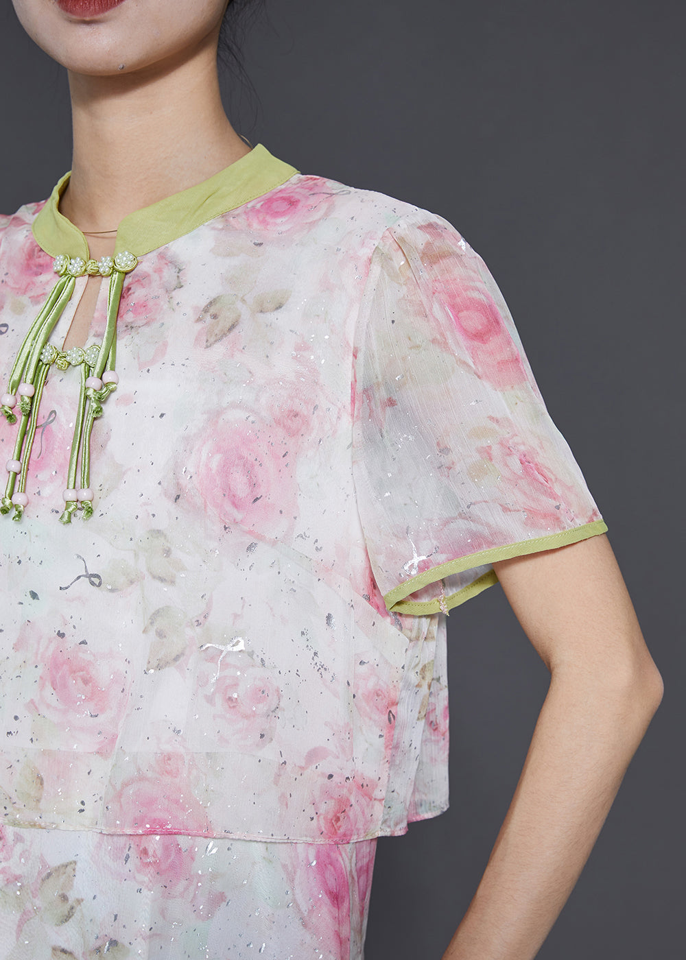 Frauen Rosa Quaste Patchwork Druck Seide Kleid Sommer SD1058