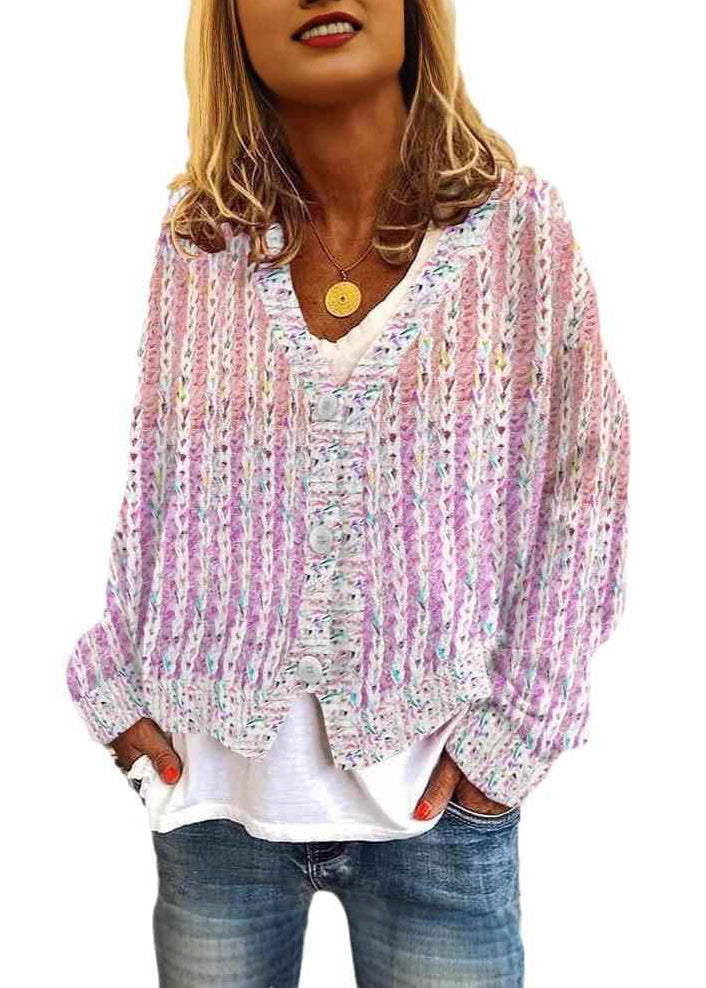 Knit Pink Spring Cardigan Women V Striped Neck Cozy