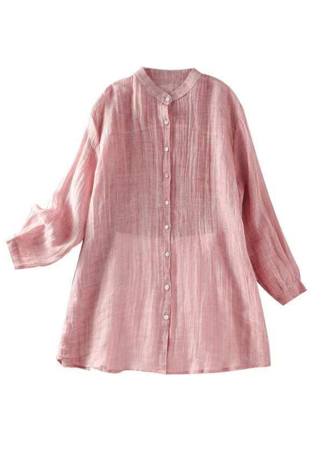 Women Pink Shirt Solid Spring Wrinkled Linen Button
