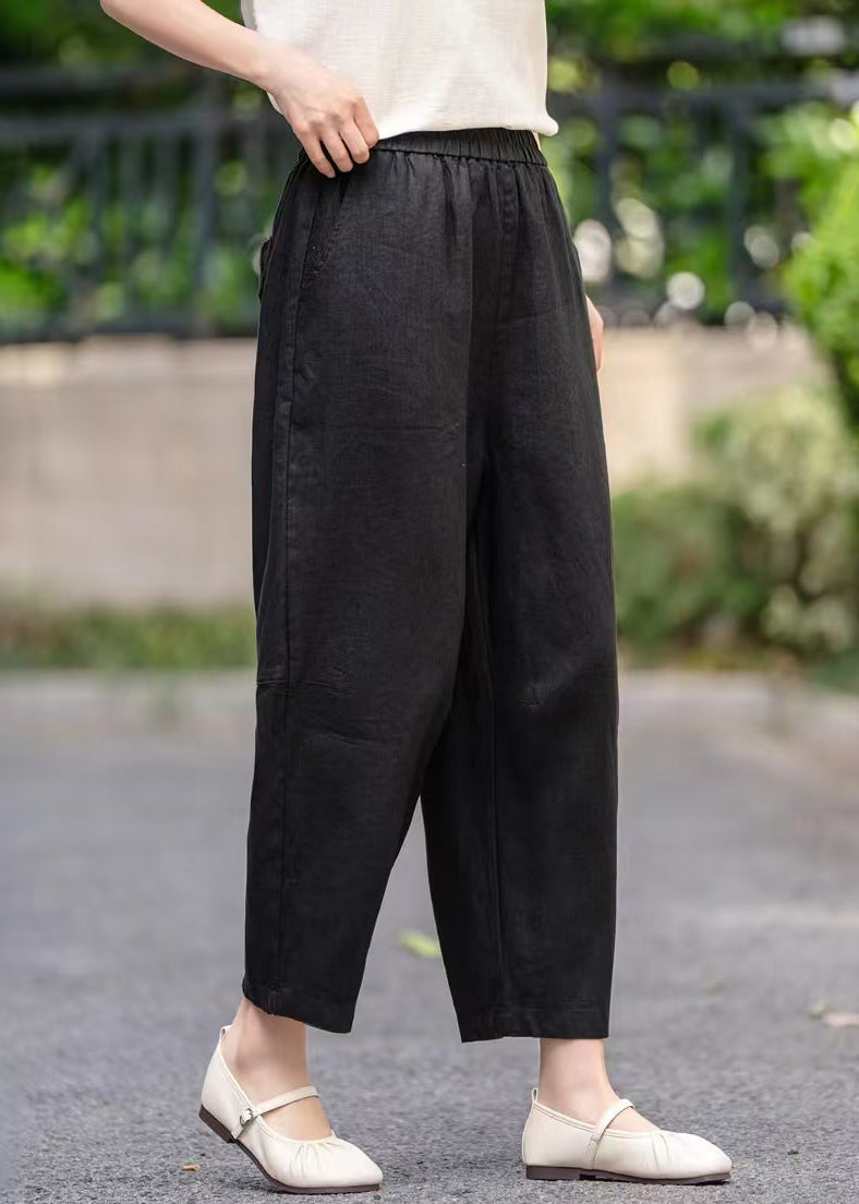 Pockets Elastic Linen Waist Purple Crop Summer Women Pants