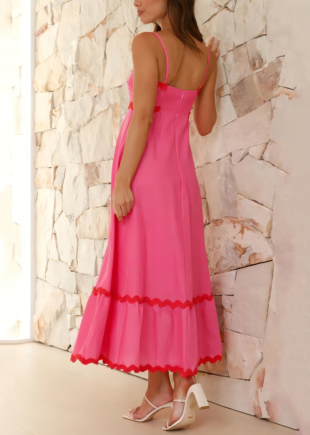 Damen Kleid mit Spaghettiträgern und Reißverschluss aus Baumwolle in Rose, ärmellos FF101