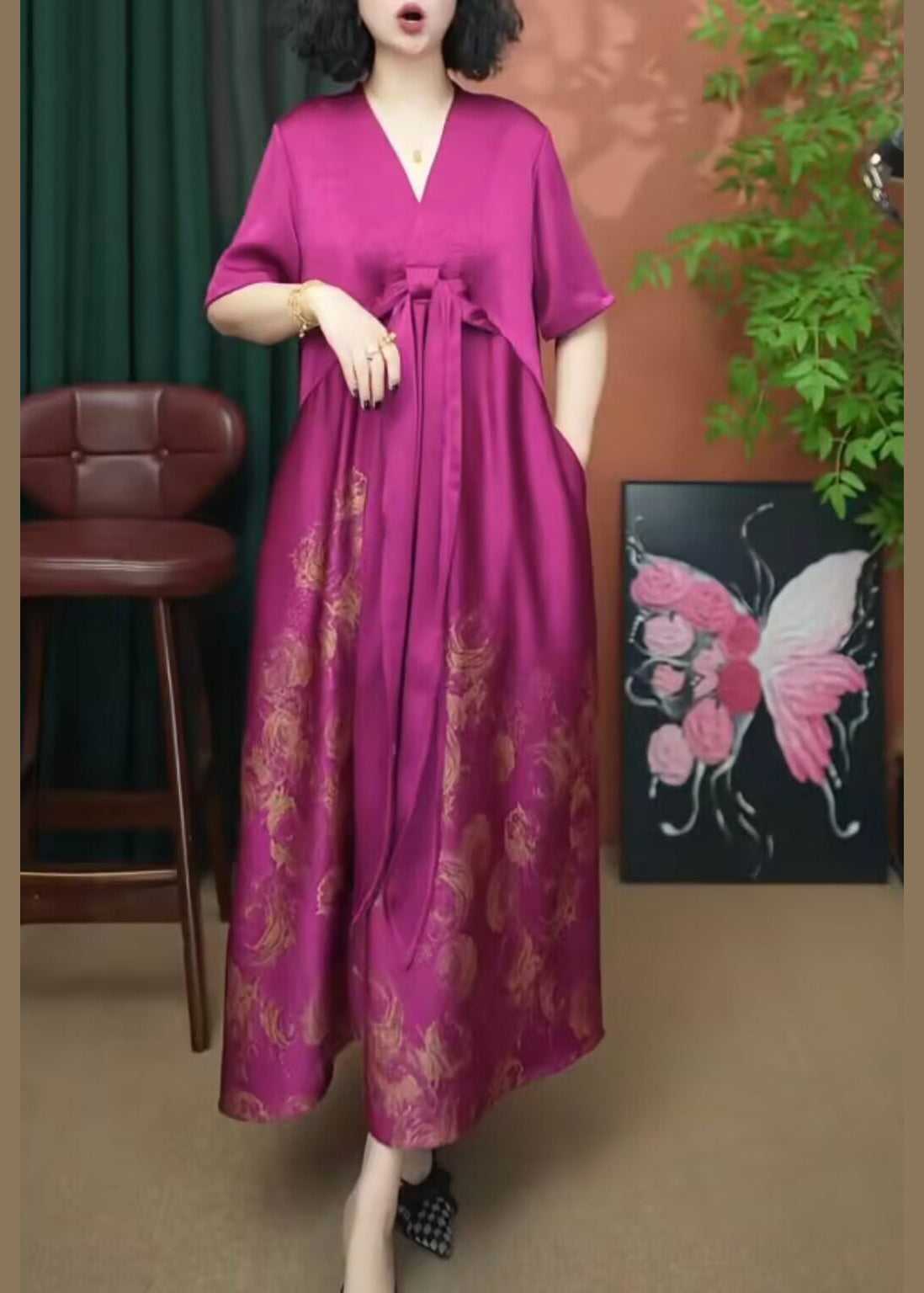 Neck Rose Long Women Silk Summer Print Patchwork V Dress