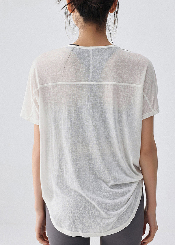 Yoga Top White Drawstring Women Short Solid Sleeve