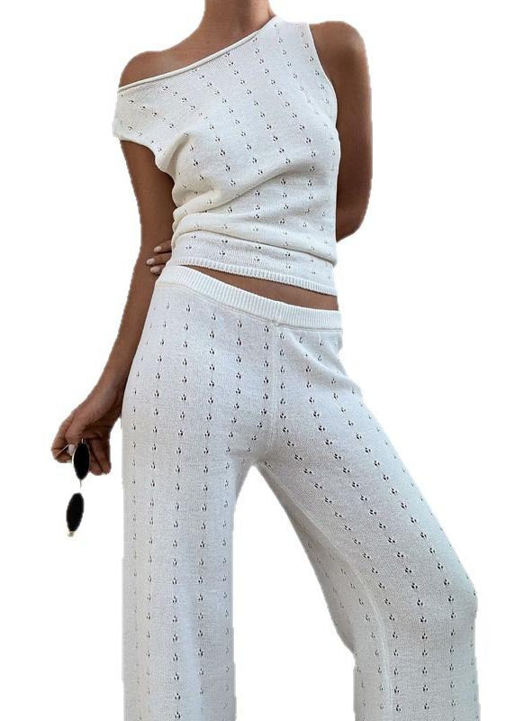 Out Women Straight Vests White Knit Flatering Pants Hollow And