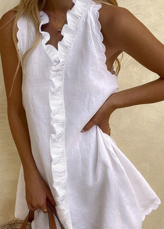 Mini Sleeveless Solid Dresses White Cotton Women Ruffled