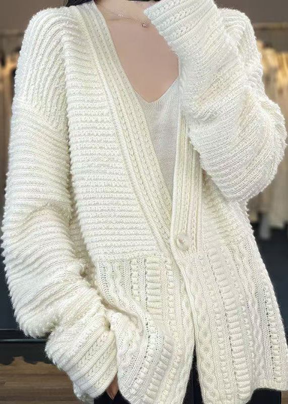 Women White V Neck Button Woolen Cable Knit Coats Spring YW021