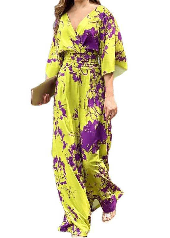 Women Jumpsuit Yellow V Cotton Neck Print Summer