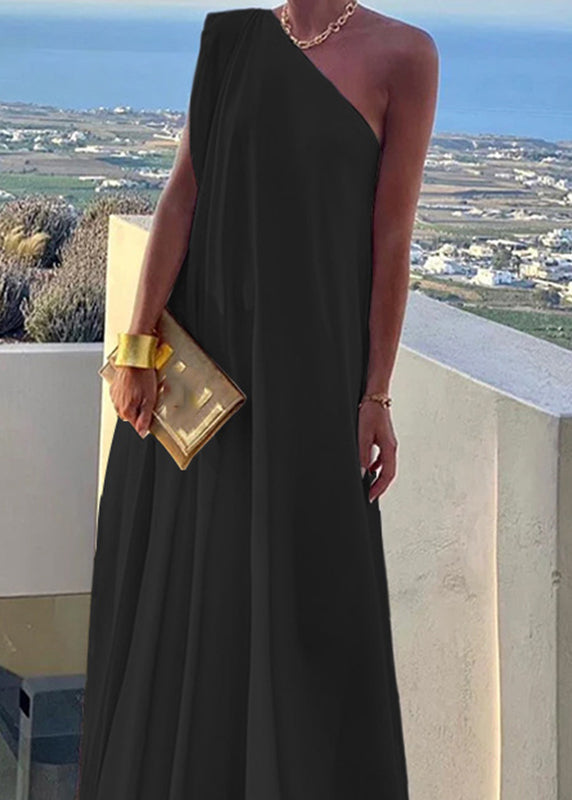 Long Dress Summer White Solid One Shoulder Women's