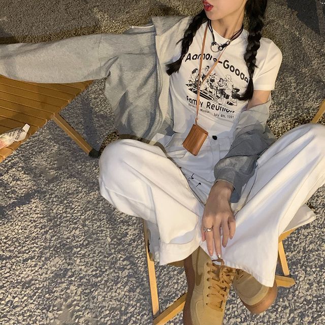 Short-Sleeve Cartoon T-Shirt Cropped Print