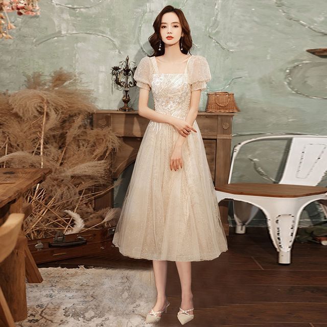 A-Line Dress Evening / Puff-Sleeve Gown Cocktail
