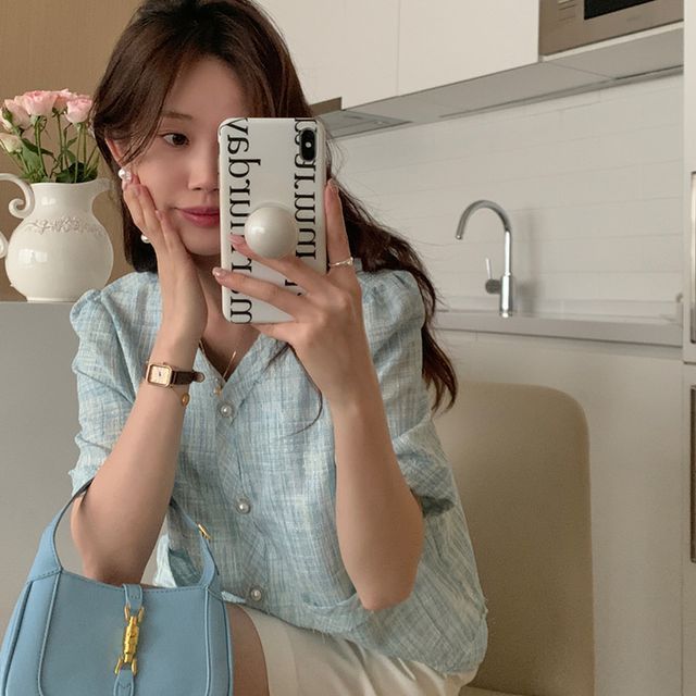 Short-Sleeve Plaid Button Blazer