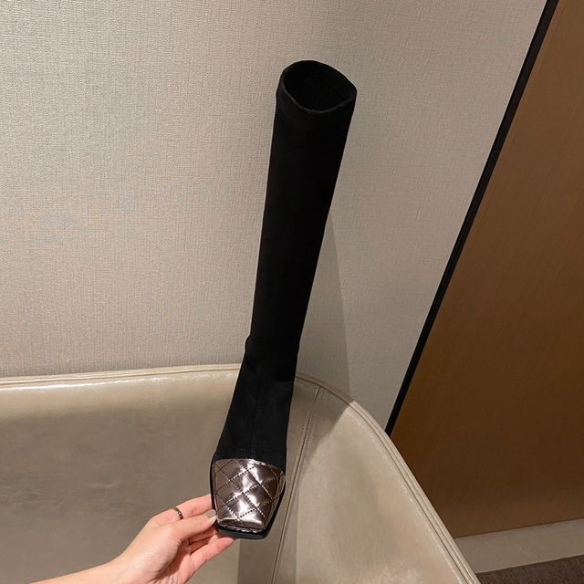 Heel Knee-High Boots Panel Quilted Block Square-Toe