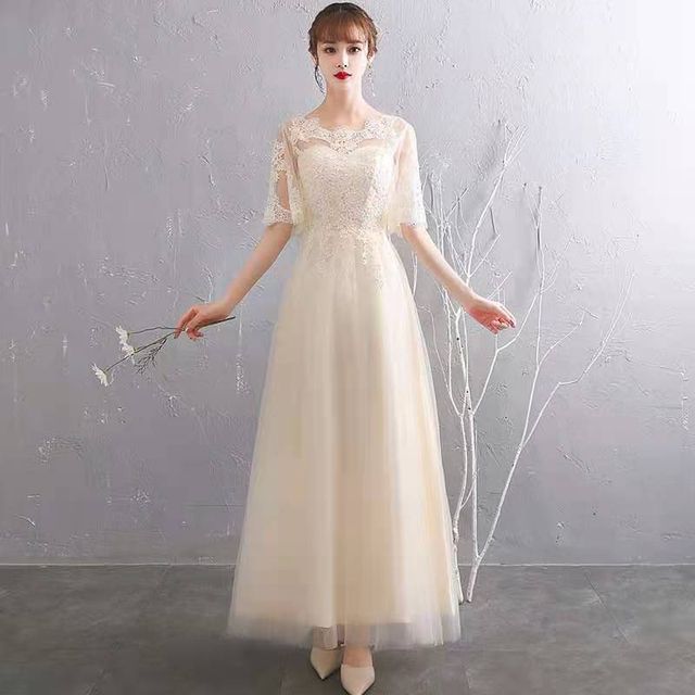 Short-Sleeve Floral Embroidered A-Line Evening Gown