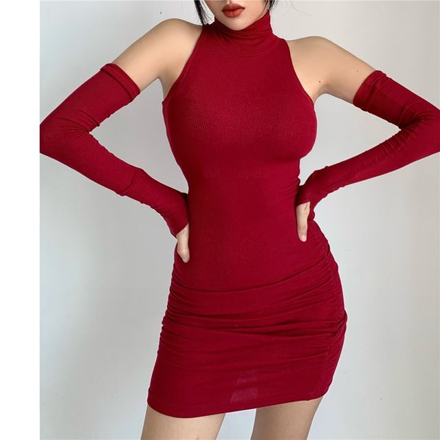 Sleeves Mini Turtleneck With Arm Dress Sleeveless Plain