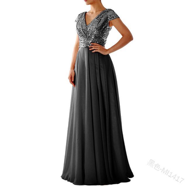 Short-Sleeve Sequined A-Line Evening Gown
