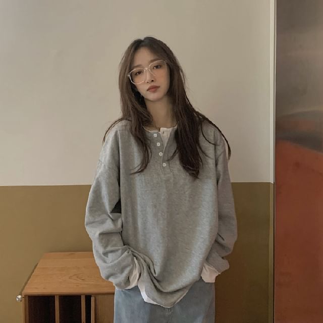 Mock Long-Sleeve T-Shirt Two-Piece Henley