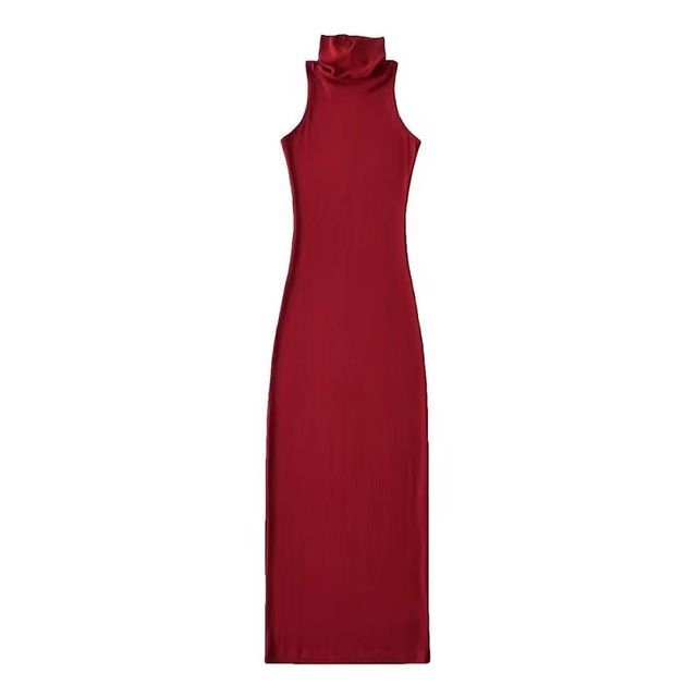 Sleeveless Slim-Fit Turtleneck Plain Dress