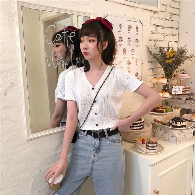 V-Neck Button-Up Knit Top Perforated Short-Sleeve