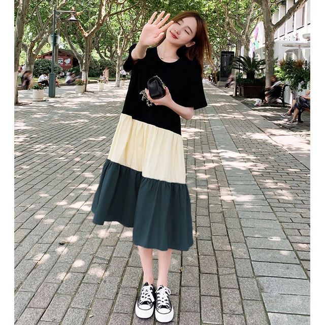 Block A-Line Crew Midi Dress Neck Color Short-Sleeve