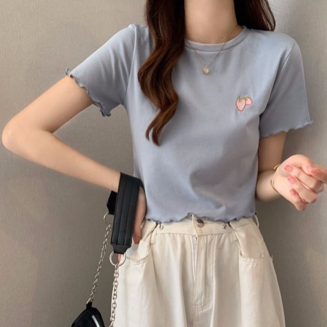 Embroidered T-Shirt Crew Crop Neck Short-Sleeve
