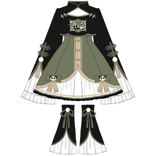 Lolita Flared-Sleeve Panda Embroidered Cropped Blouse / Two Tone Bow Pinafore Dress / Ruffle Leg Warmers / Set