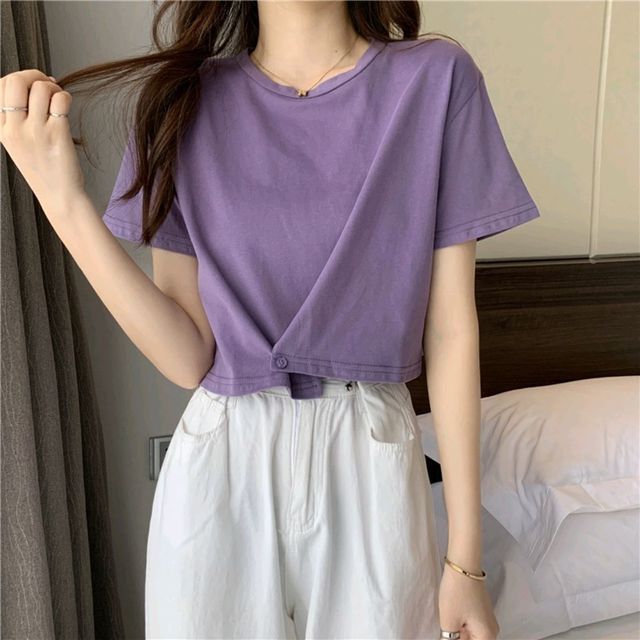 Tee Neck Round Plain Short-Sleeve Buttoned