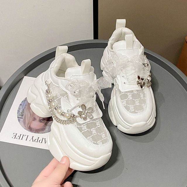 Lace-Up Faux Lace Panel Pattered Sneakers Pearl Platform
