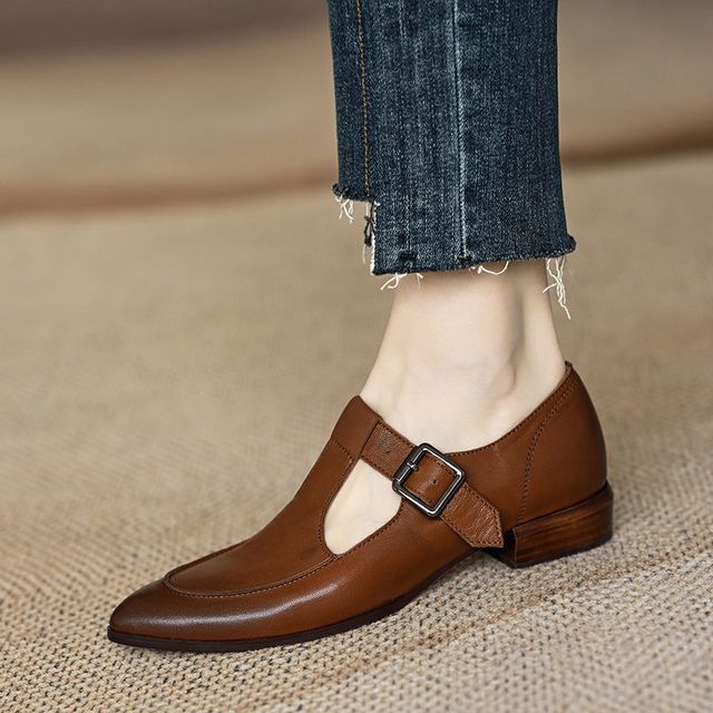 Plain Pointed T-Strap Shoes Mary Jane