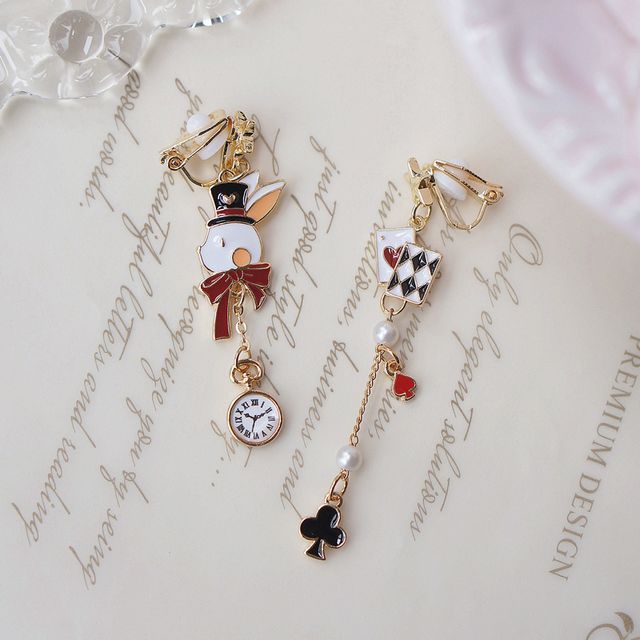 Enamel Rabbit Poker Asymmetrical Drop Earring / Clip On Earring