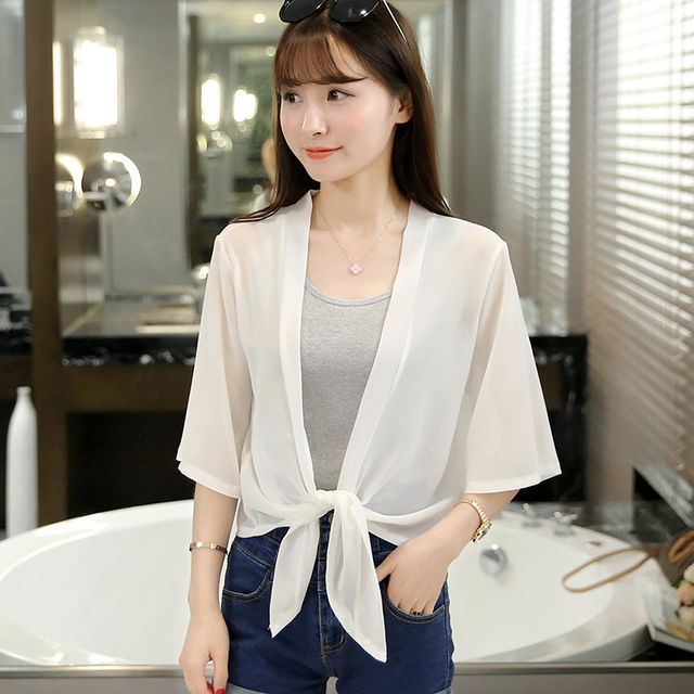 Chiffon Elbow-Sleeve Jacket Crop Front Plain Tie