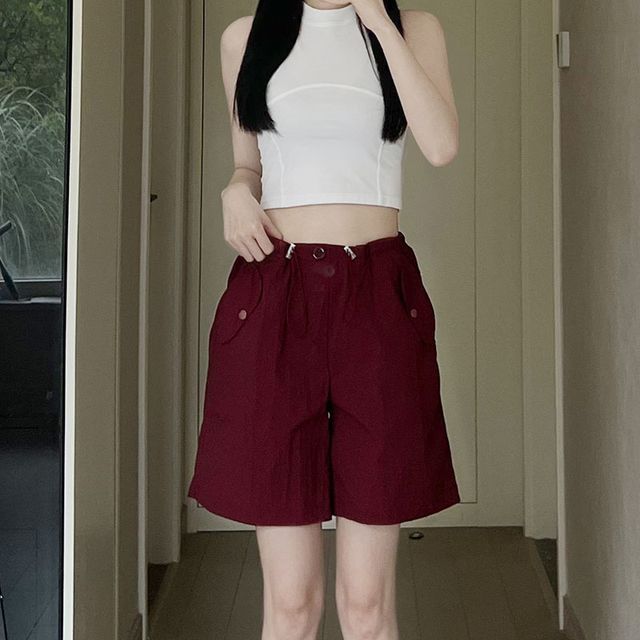 High Rise Pocketed Wide Leg Plain Cargo Shorts