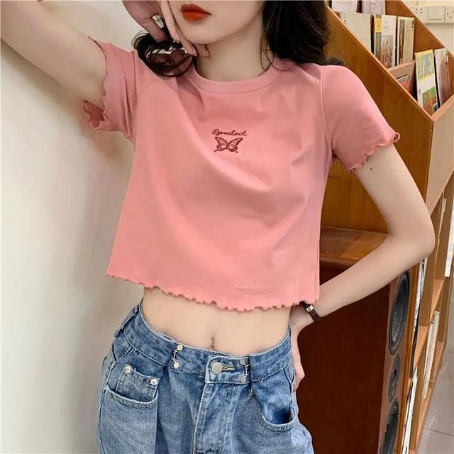 Crew Short-Sleeve T-Shirt Edge Neck Embroidered Lettuce Butterfly Crop
