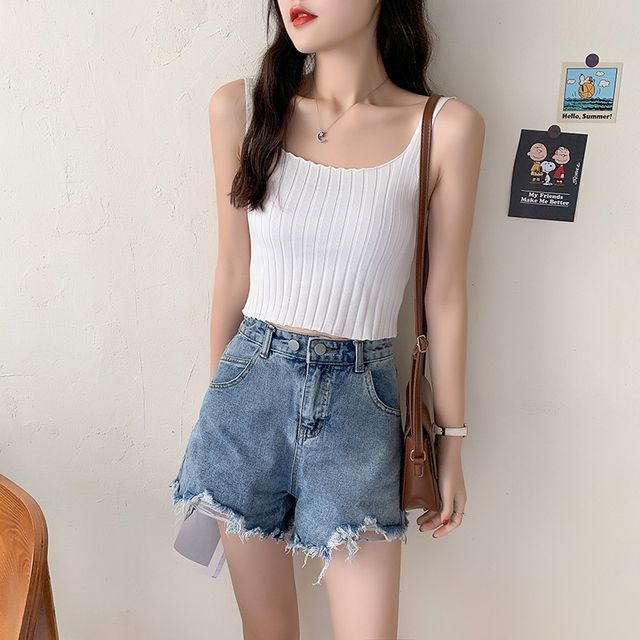 Neck Plain Square Tank Top Knit Ribbed Crop
