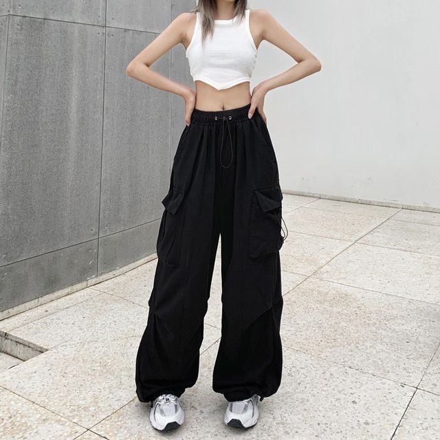 Leg Drawstring Wide Cargo Pants Waist Plain