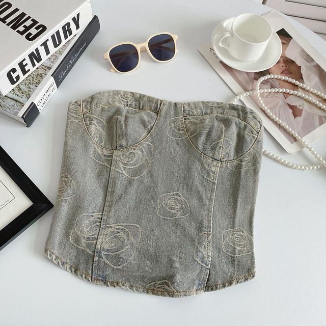 Haut bustier court en jean à imprimé floral