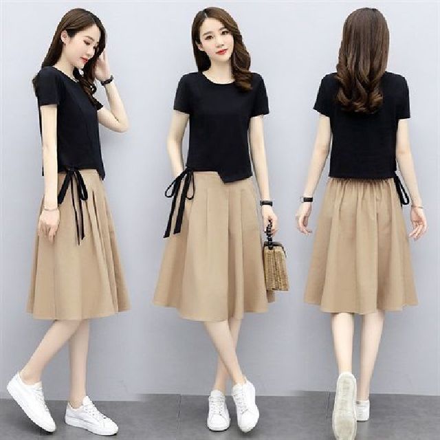 Plain Set: T-Shirt Midi A-Line Skirt Waist + Neck Short-Sleeve Round Elastic