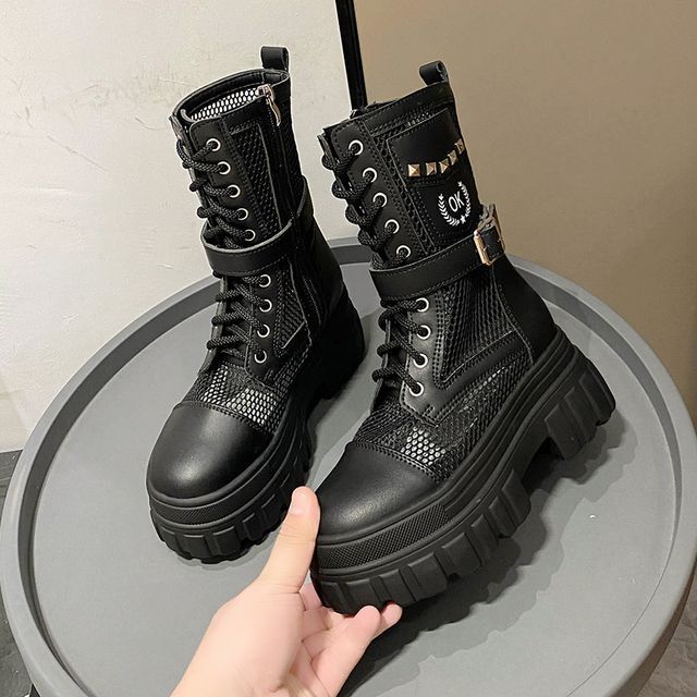 Lace-Up Studded Short Panel Mesh Platform Boots