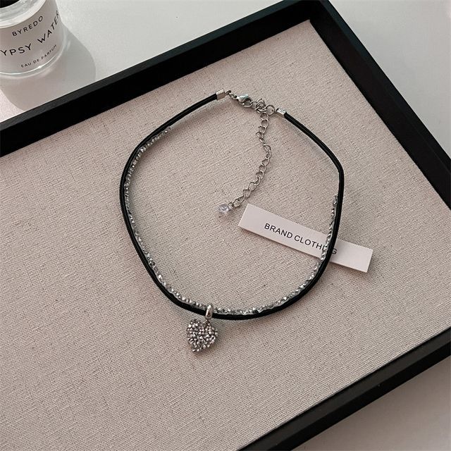 Heart Faux Rhinestone Cord Necklace Leather