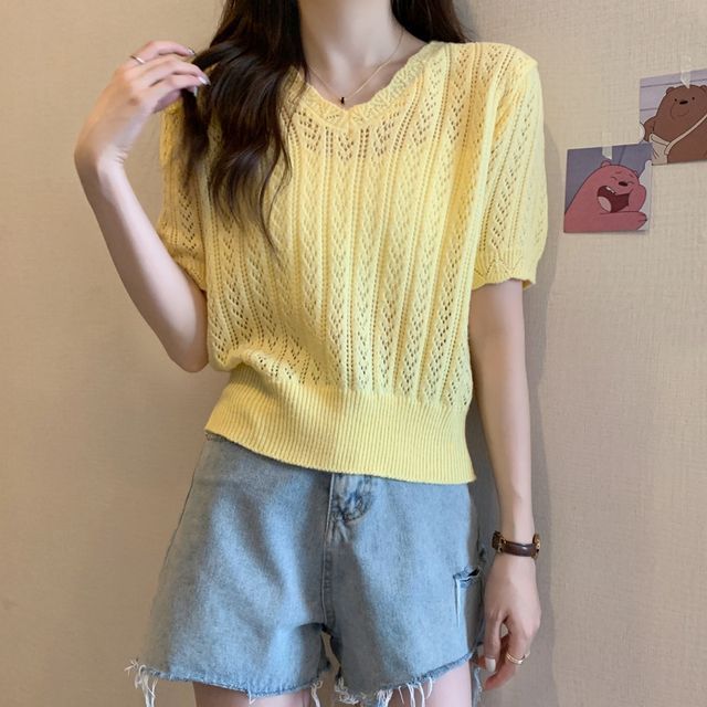 Crochet V-Neck Top Knit Short-Sleeve
