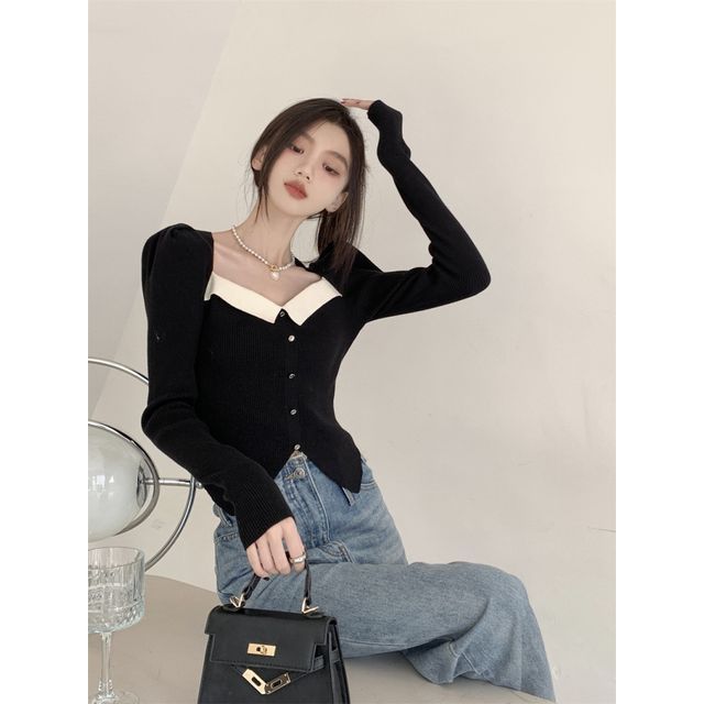 Slim-Fit Knit Puff-Sleeve Top Square-Neck