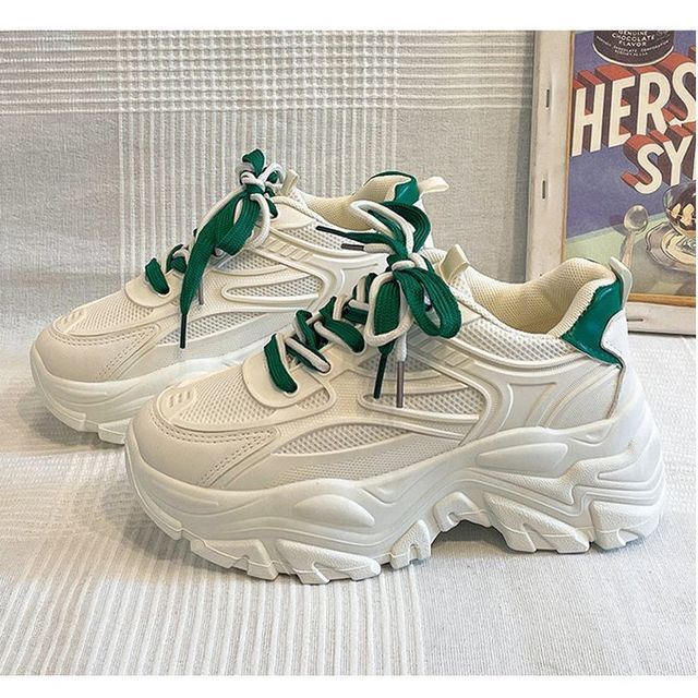 Two Lace-Up Platform Tone Panel Mesh Sneakers Faux Leather