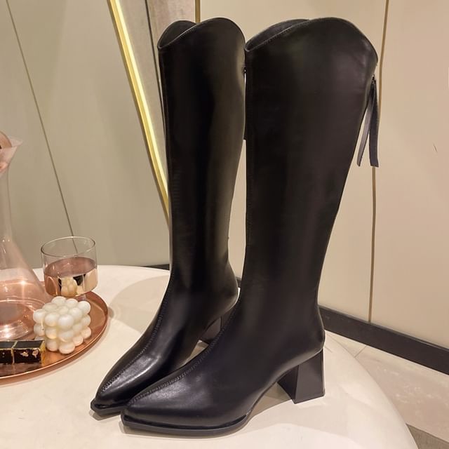 Faux Pointy Leather Heel Boots Chunky Tall