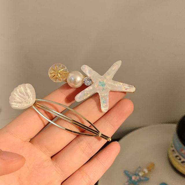Resin Shell Starfish Hair Clip Faux Pearl /