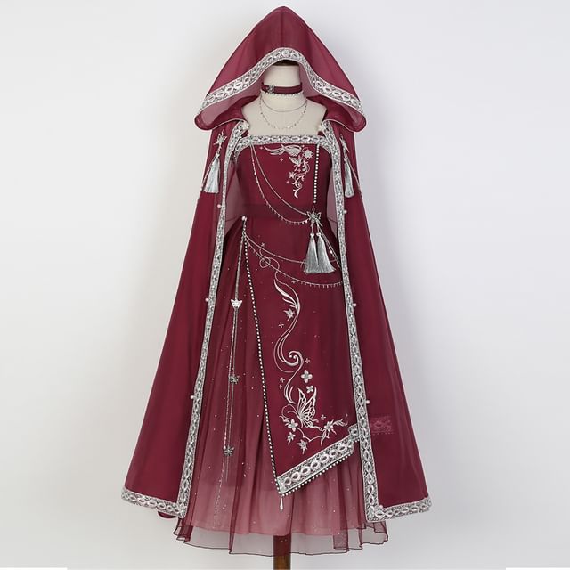 Lolita Spaghettiträger Besticktes Hanfu Midi A-Linien Kleid / Leichter Umhang / Set