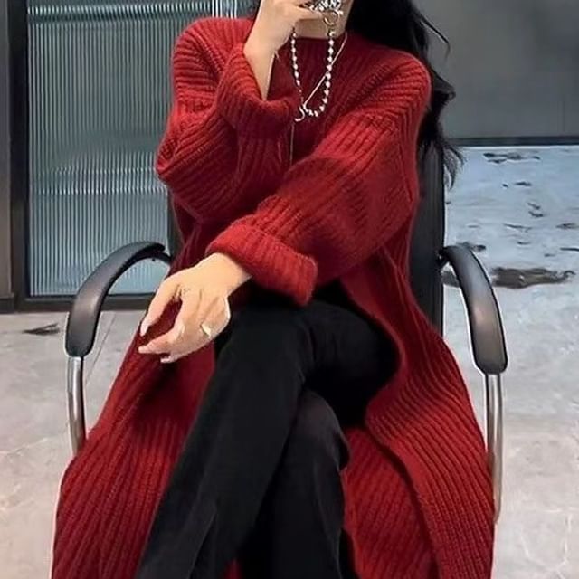 Crew Sweater Midi Plain Slit Neck Dress